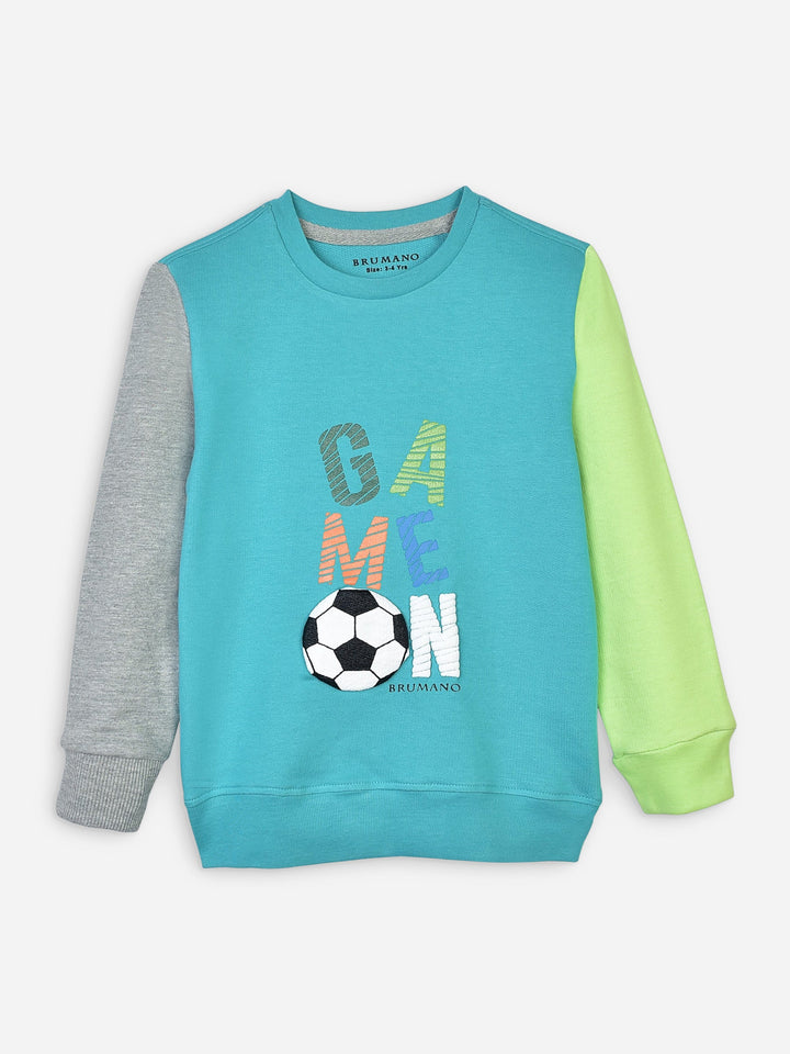 Turquoise Contrasting Sleeves Sweatshirt With 'Game On' Print Brumano Pakistan