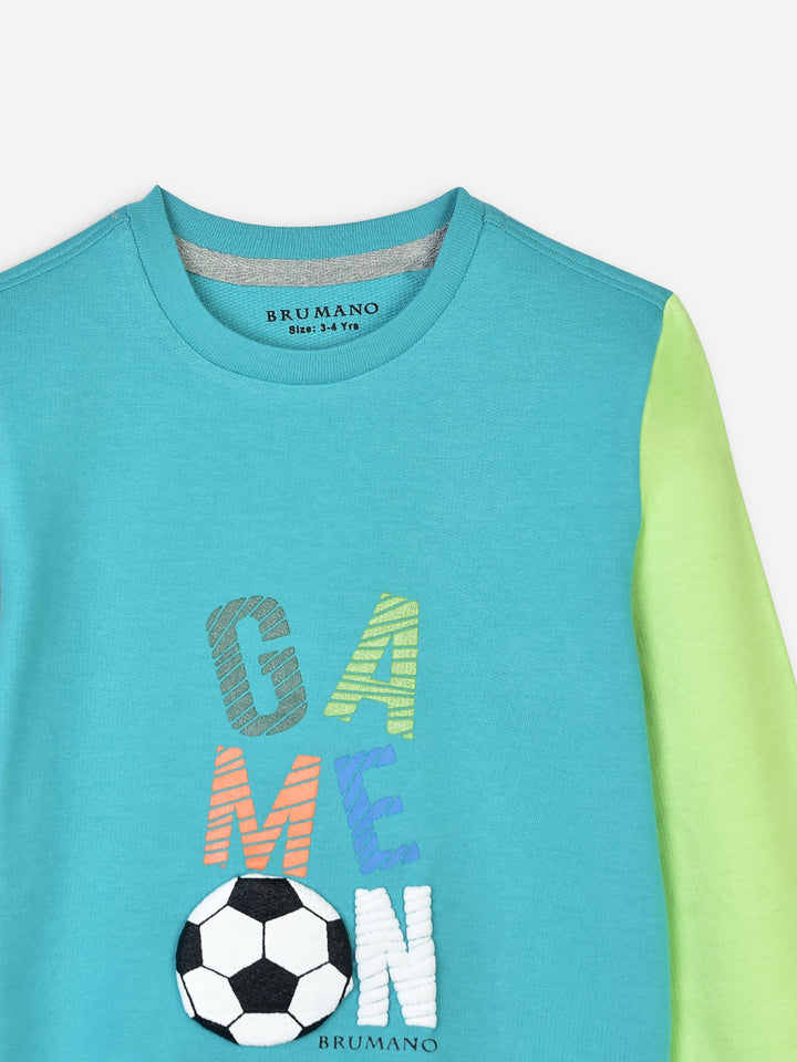 Turquoise Contrasting Sleeves Sweatshirt With 'Game On' Print Brumano Pakistan