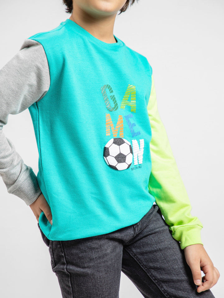 Turquoise Contrasting Sleeves Sweatshirt With 'Game On' Print Brumano Pakistan