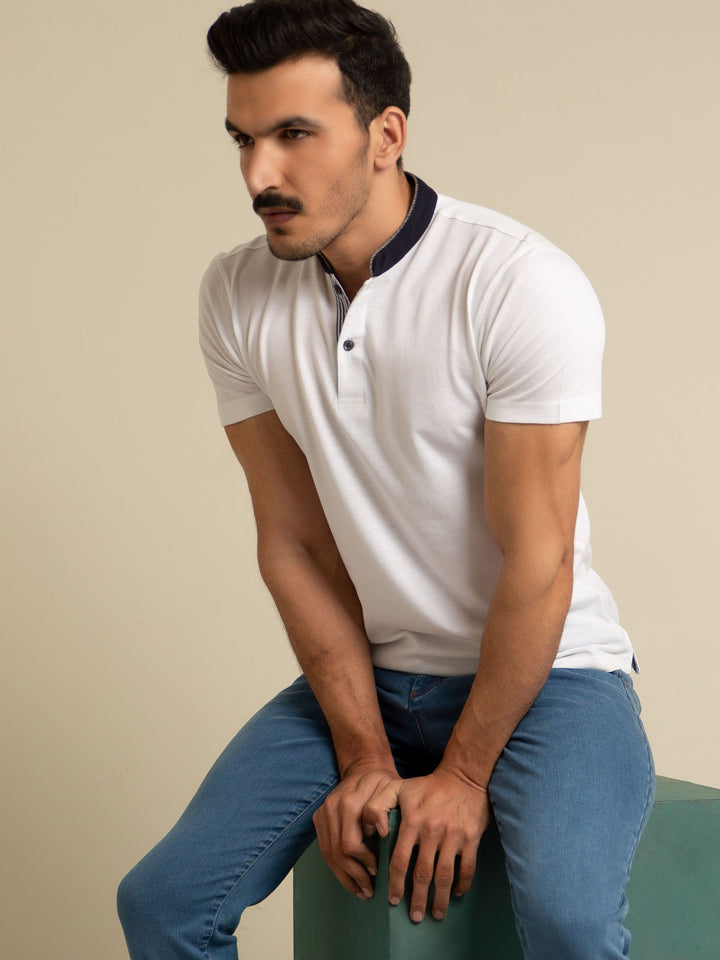 White Mao Collar Polo Shirt With Contrasting Collar Brumano Pakistan