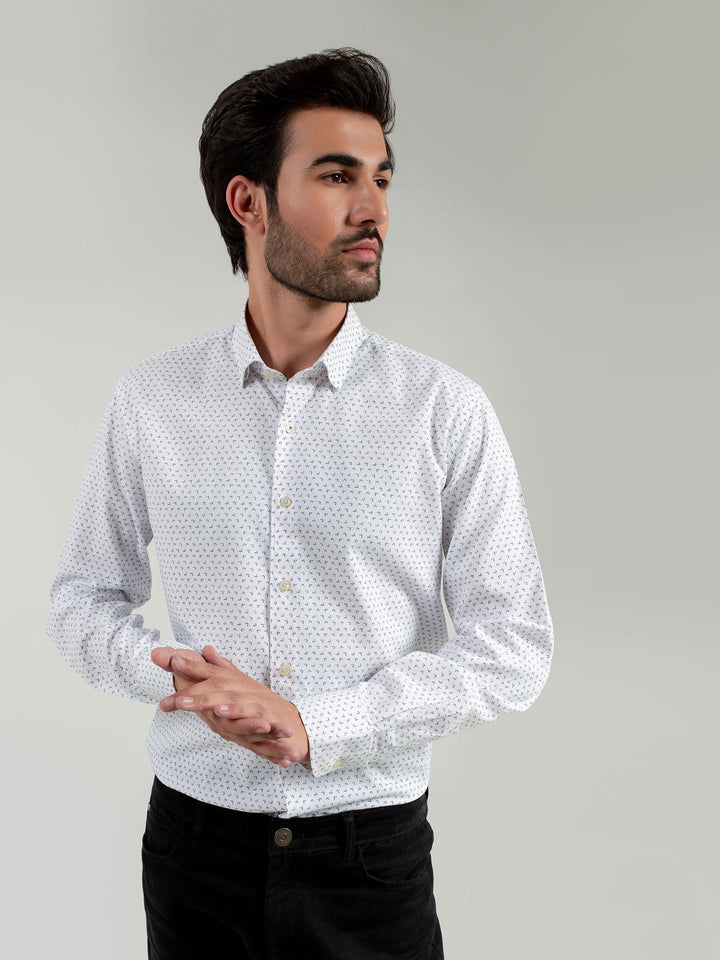 White Printed Shirt With Inside Button Collar