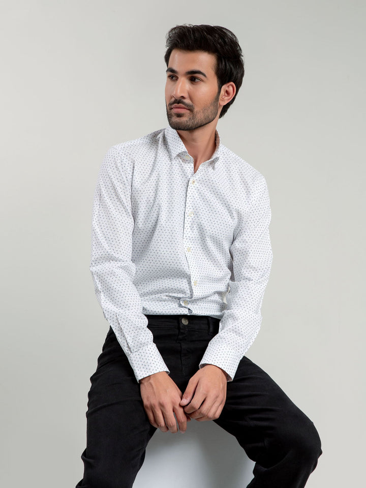 White Printed Shirt With Inside Button Collar