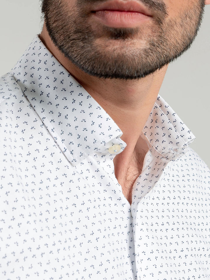 White Printed Shirt With Inside Button Collar