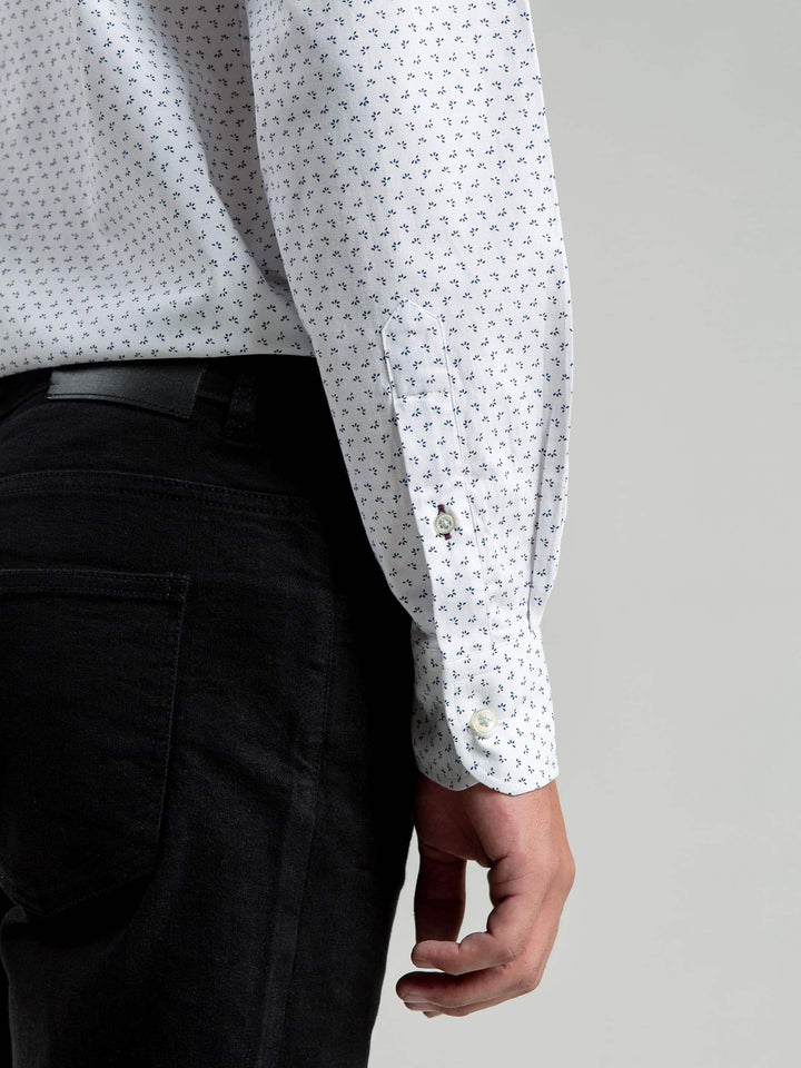 White Printed Shirt With Inside Button Collar