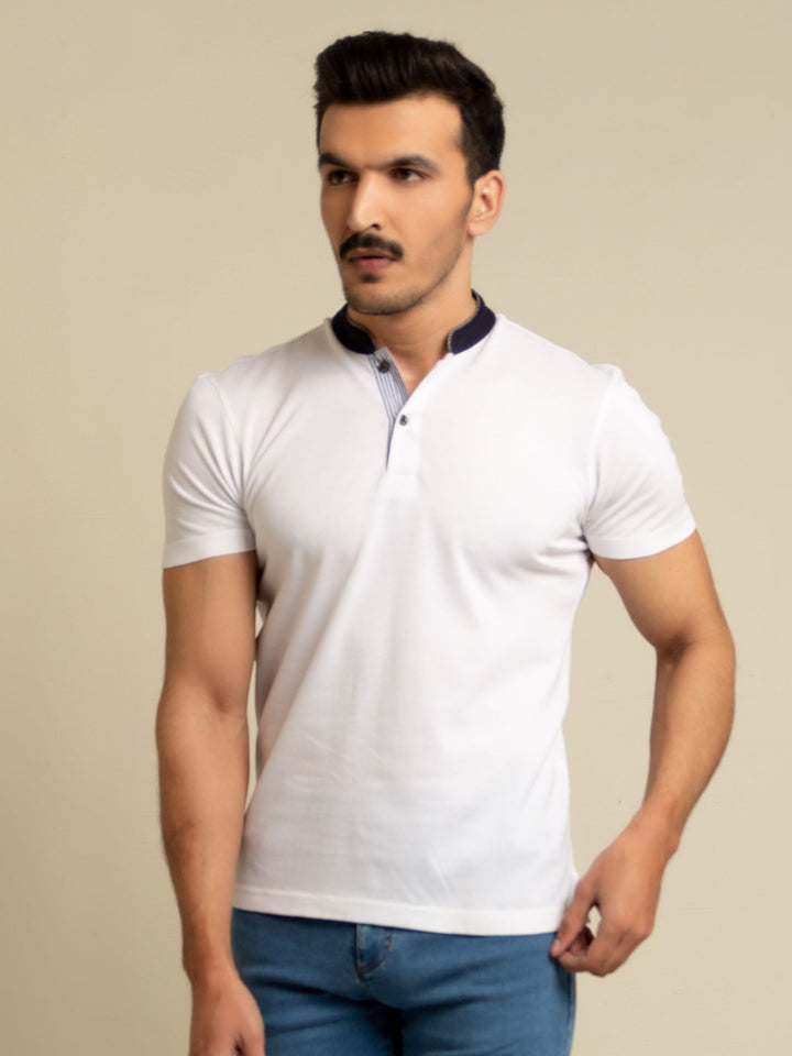 White Mao Collar Polo Shirt With Contrasting Collar Brumano Pakistan