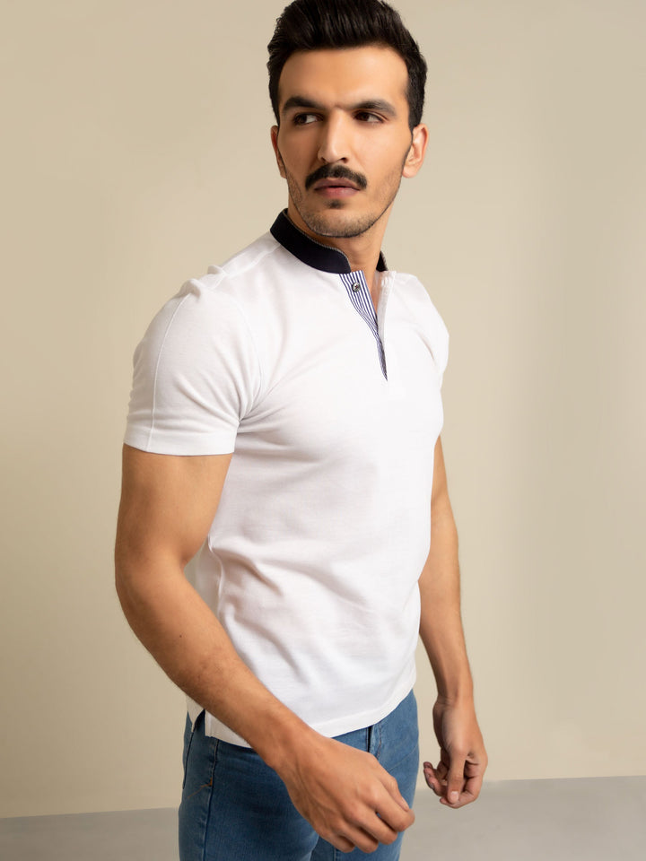 White Mao Collar Polo Shirt With Contrasting Collar Brumano Pakistan