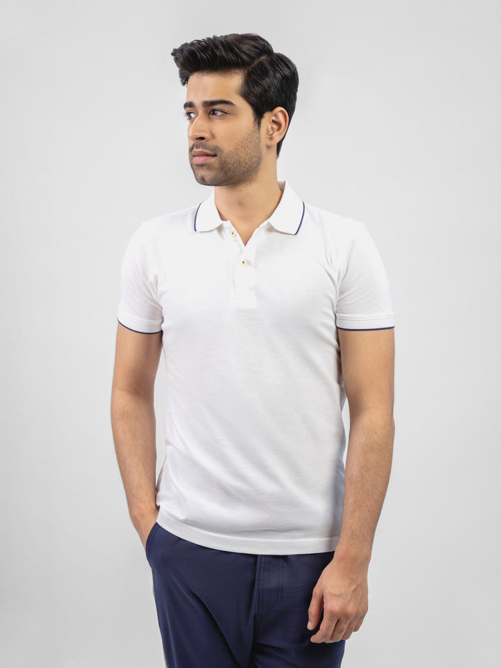 White Pique Polo With Navy Blue Tipped Collar Brumano pakistan