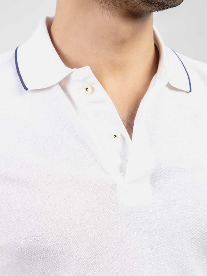 White Pique Polo With Navy Blue Tipped Collar Brumano pakistan