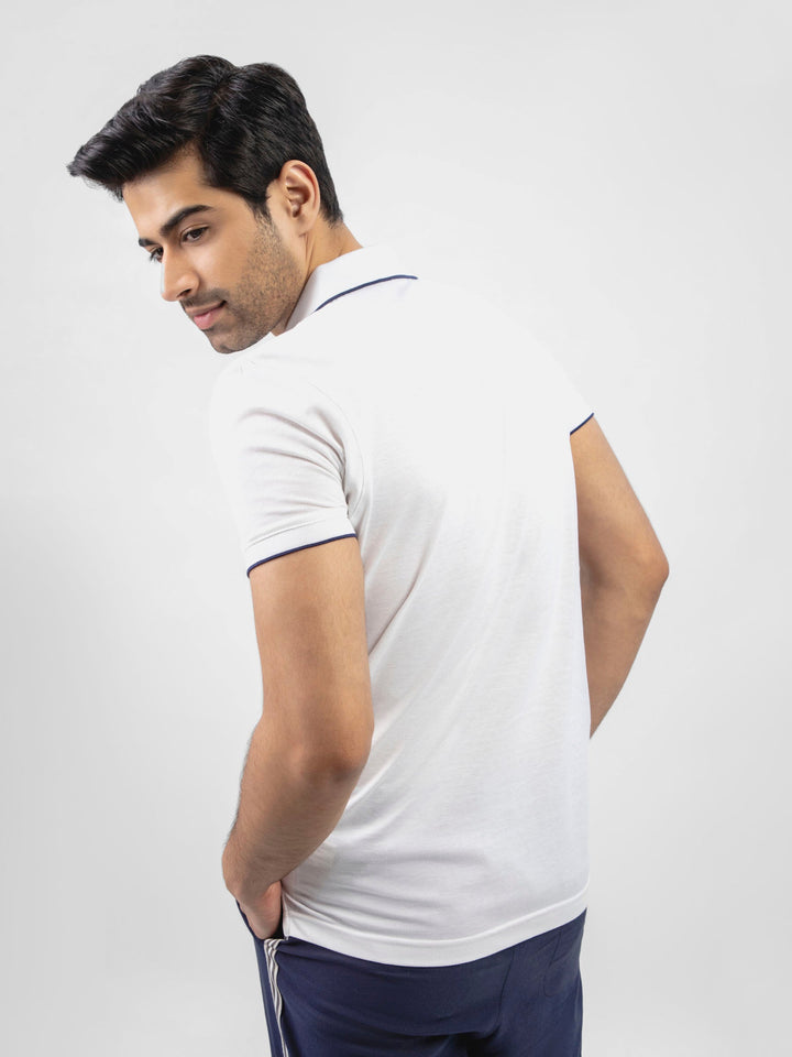 White Pique Polo With Navy Blue Tipped Collar Brumano pakistan