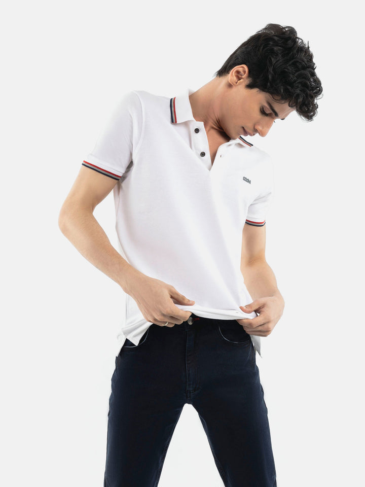 White Pique Polo With Tipping Collar Brumano Pakistan