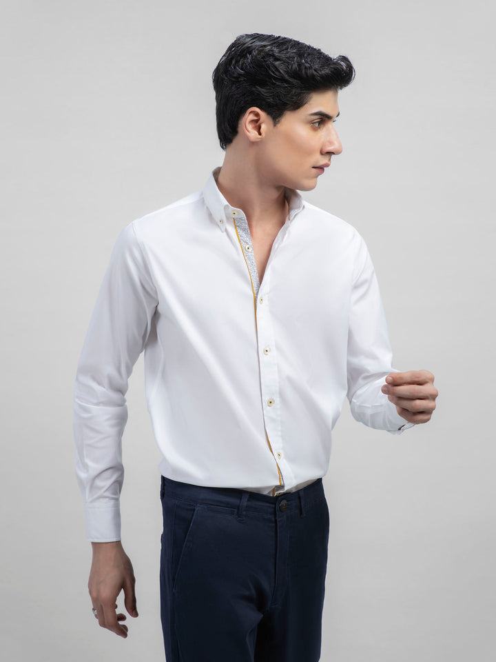 White Poplin Button Down Shirt With Detailing Brumano Pakistan