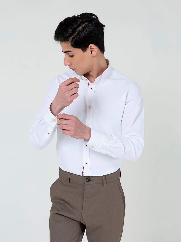 White Structured Shirt With Red Printed Detailing Brumano Pakistan