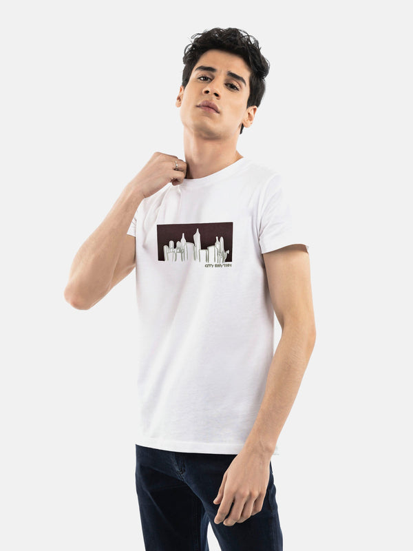 White 'City Rhythm' Graphic Printed T-Shirt Brumano Pakistan