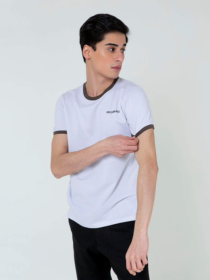 White & Grey Striped Crew Neck T-Shirt Brumano Pakistan