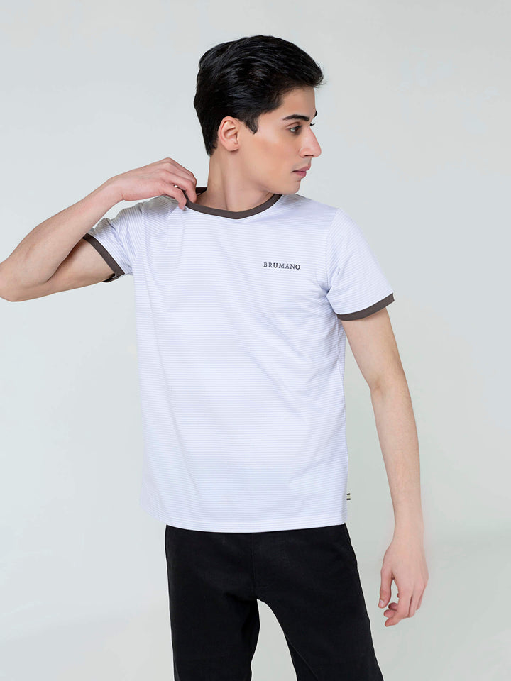 White & Grey Striped Crew Neck T-Shirt Brumano Pakistan