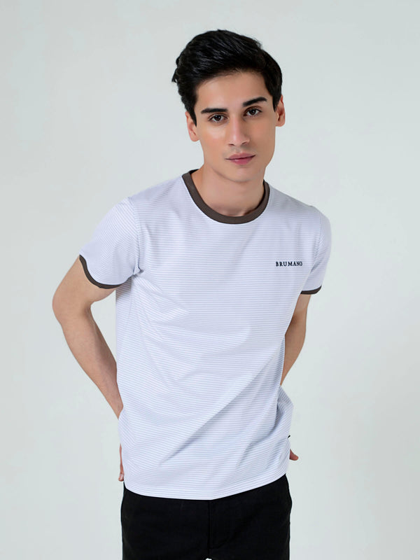 White & Grey Striped Crew Neck T-Shirt Brumano Pakistan