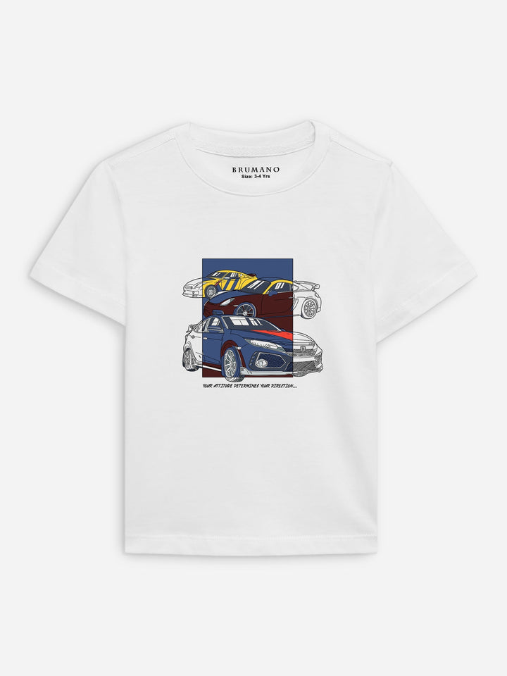 White 'Sports Cars' Printed Casual T-Shirt Brumano Pakistan