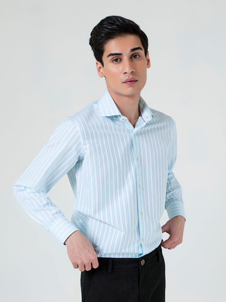 White & Turquoise Structured Striped Shirt Brumano Pakistan