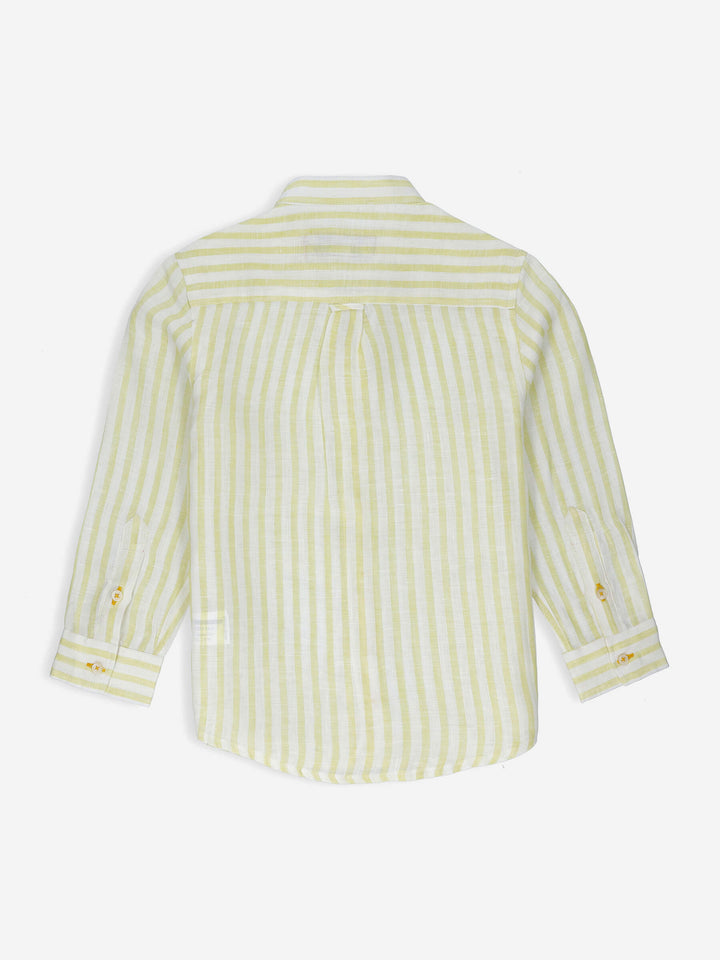  Yellow Striped 100% Linen Mao Collar Casual Shirt Brumano Pakistan