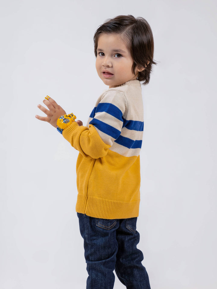 Yellow & Beige Striped Crew Neck Casual Jumper Brumano Pakistan