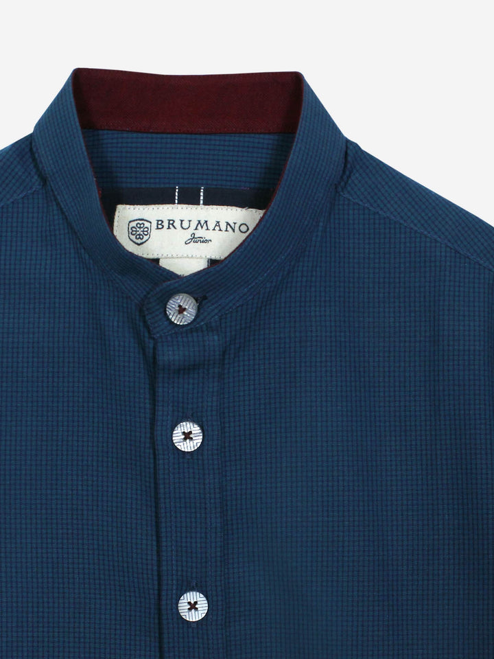 Blue Gingham Mao Collar Casual Shirt