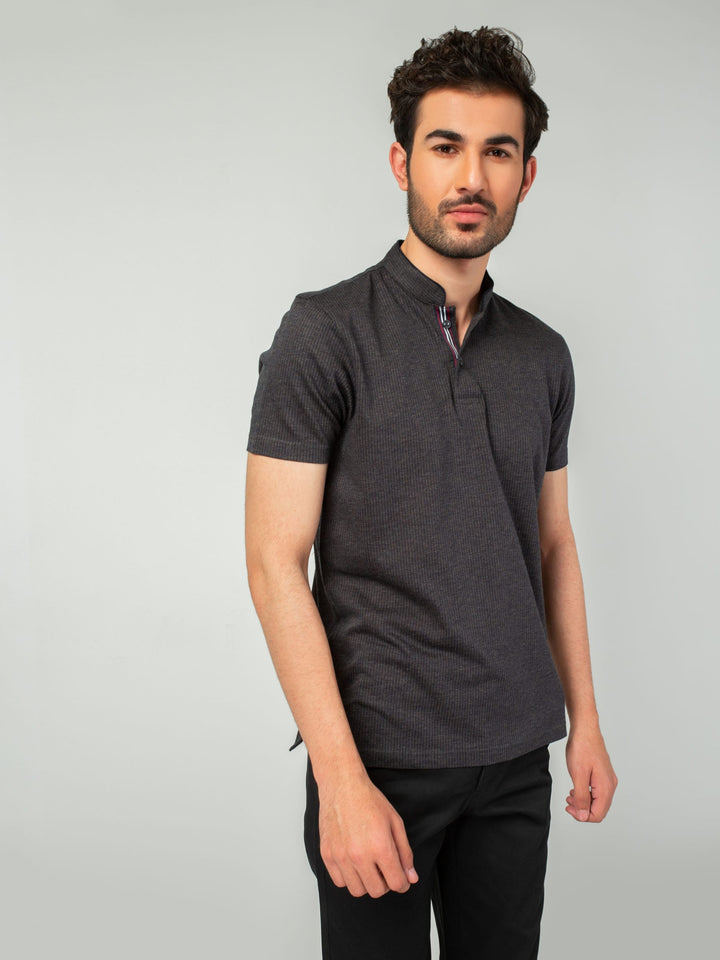 Charcoal Herringbone Mao Collar Polo Shirt Brumano Pakistan