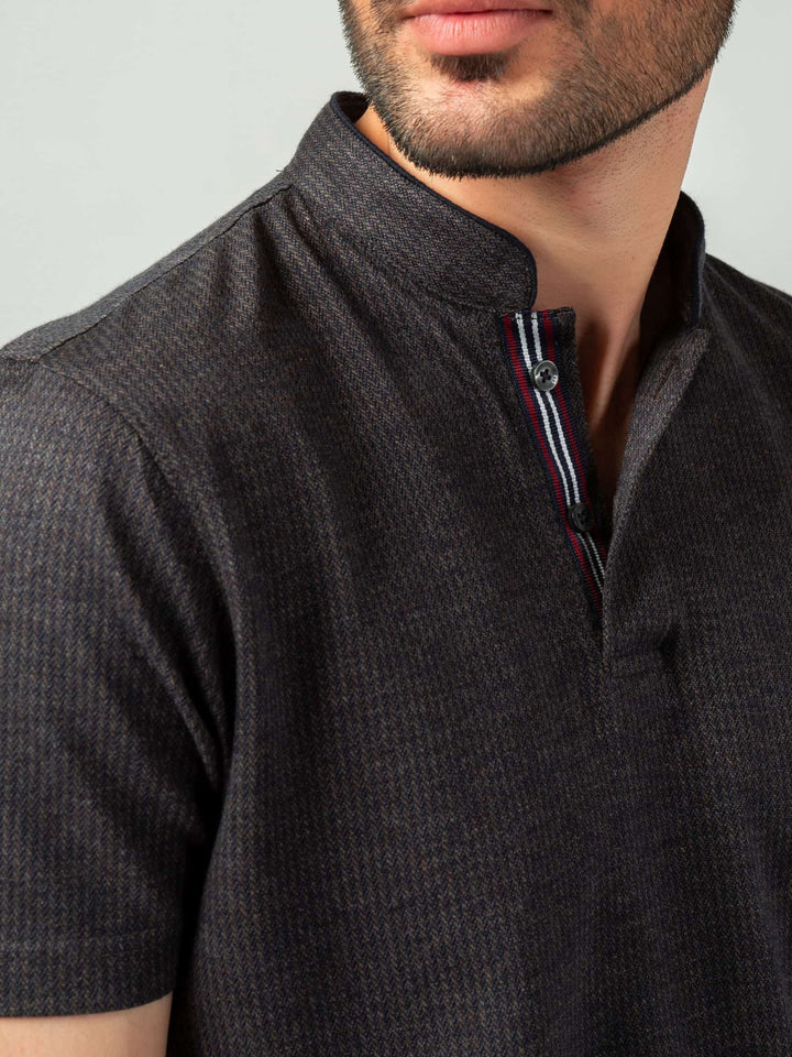 Charcoal Herringbone Mao Collar Polo Shirt Brumano Pakistan