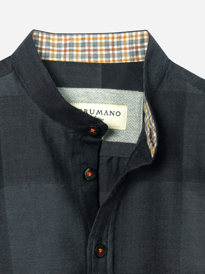 Dark Grey Checkered Mao Collar Casual Shirt