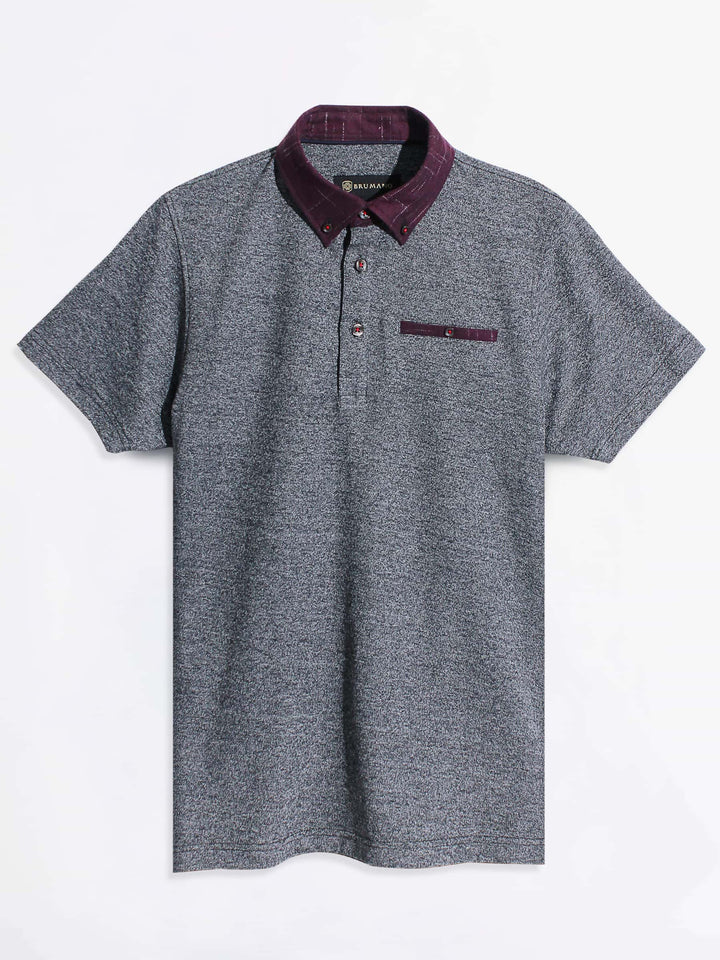 Dark Grey Pique Polo With Maroon Collar