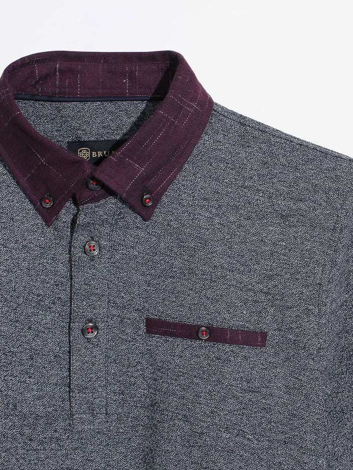 Dark Grey Pique Polo With Maroon Collar