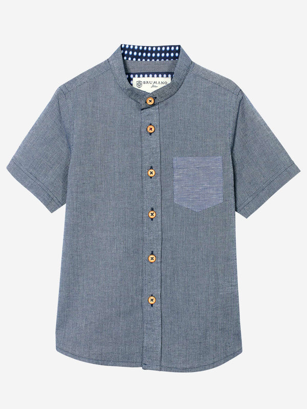 Mao Collar Casual Shirt With Contrasting Pocket