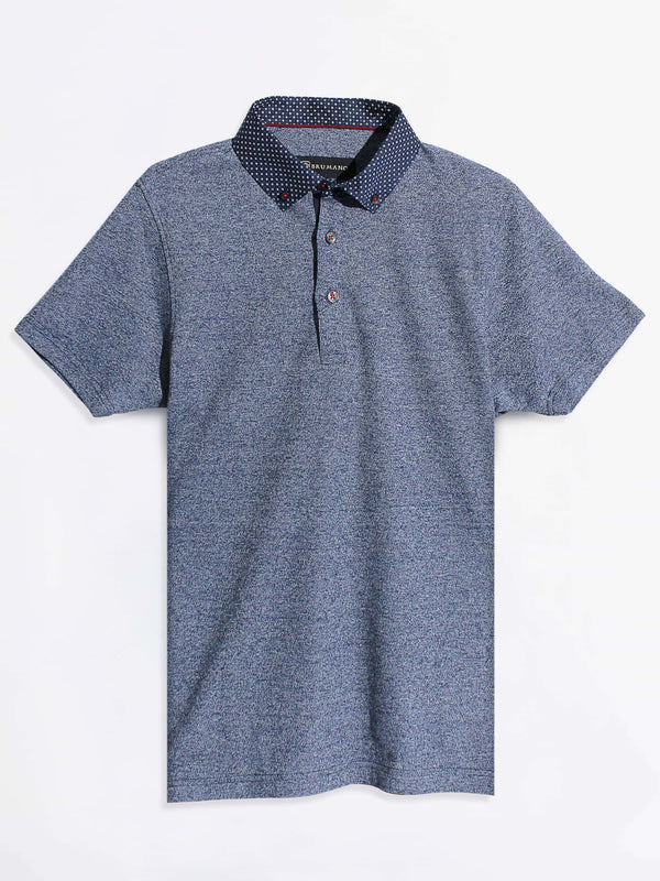 Navy Blue Pique Polo With Printed Collar