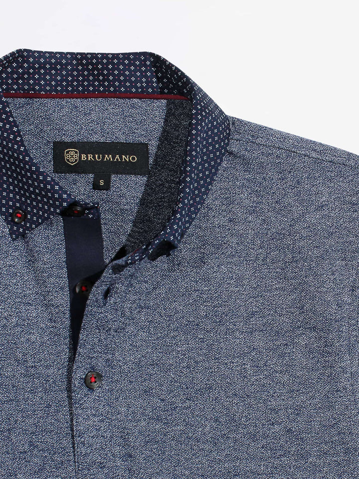 Navy Blue Pique Polo With Printed Collar