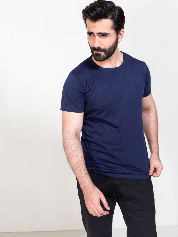 Navy Blue Slub Textured T-Shirt