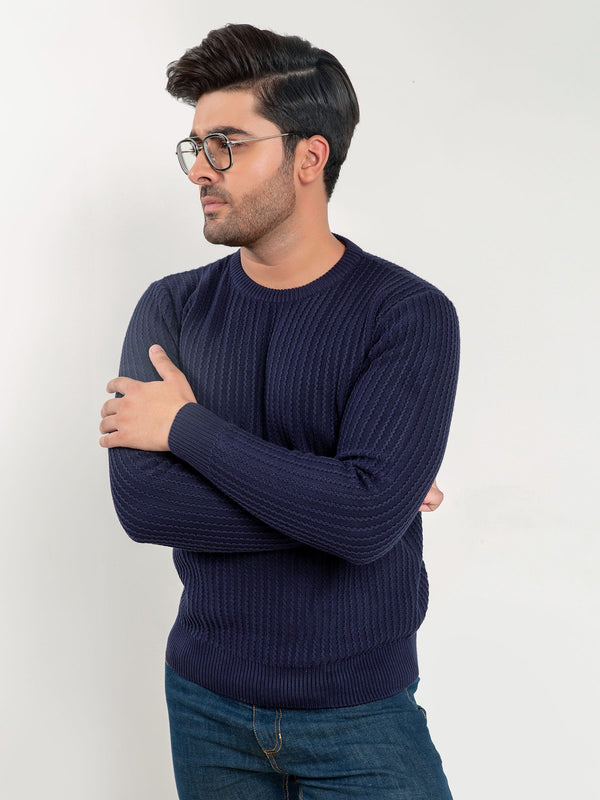 Navy Zig-Zag Textured Crew Neck Jumper For Mens Brumano Pakistan