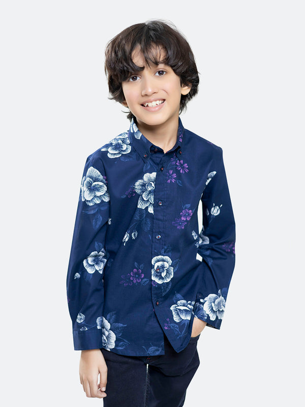 Navy Blue Bold Printed Sleeve Casual Shirt Brumano Pakistan