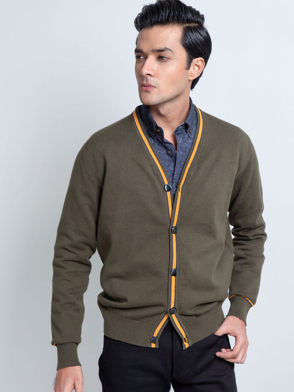 Olive Green V-Neck Cardigan With Detailing Brumano Pakistan