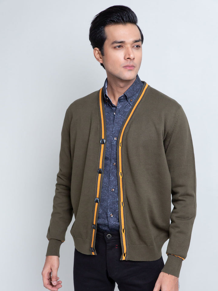 Olive Green V-Neck Cardigan With Detailing Brumano Pakistan