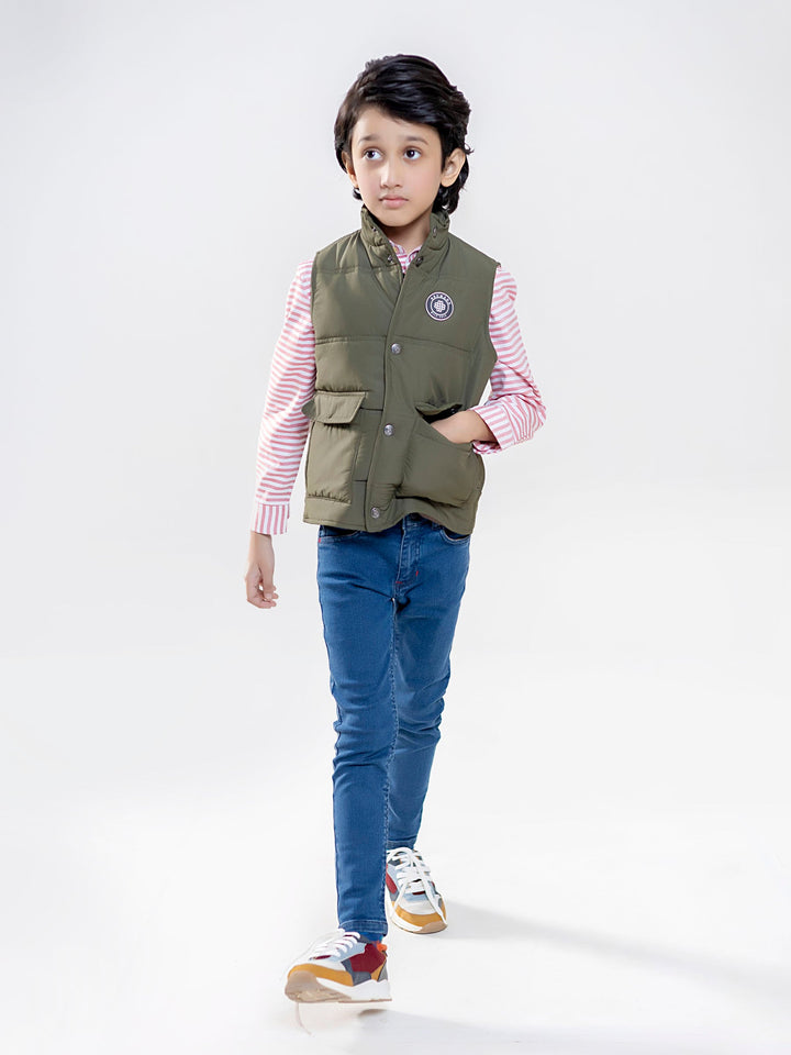 Olive Sleeveless Buttoned Casual Gilet Bumano Pakistan