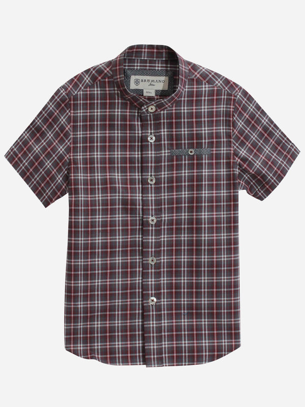 Red Mao Collar Casual Check Shirt