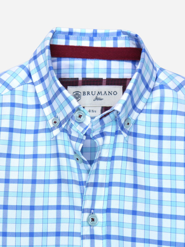 Turquoise Blue Gingham Checkered Short Sleeves Casual Shirt Brumano Pakistan