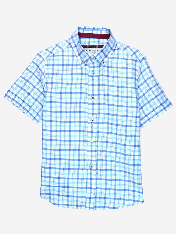 Turquoise Blue Gingham Checkered Short Sleeves Casual Shirt Brumano Pakistan