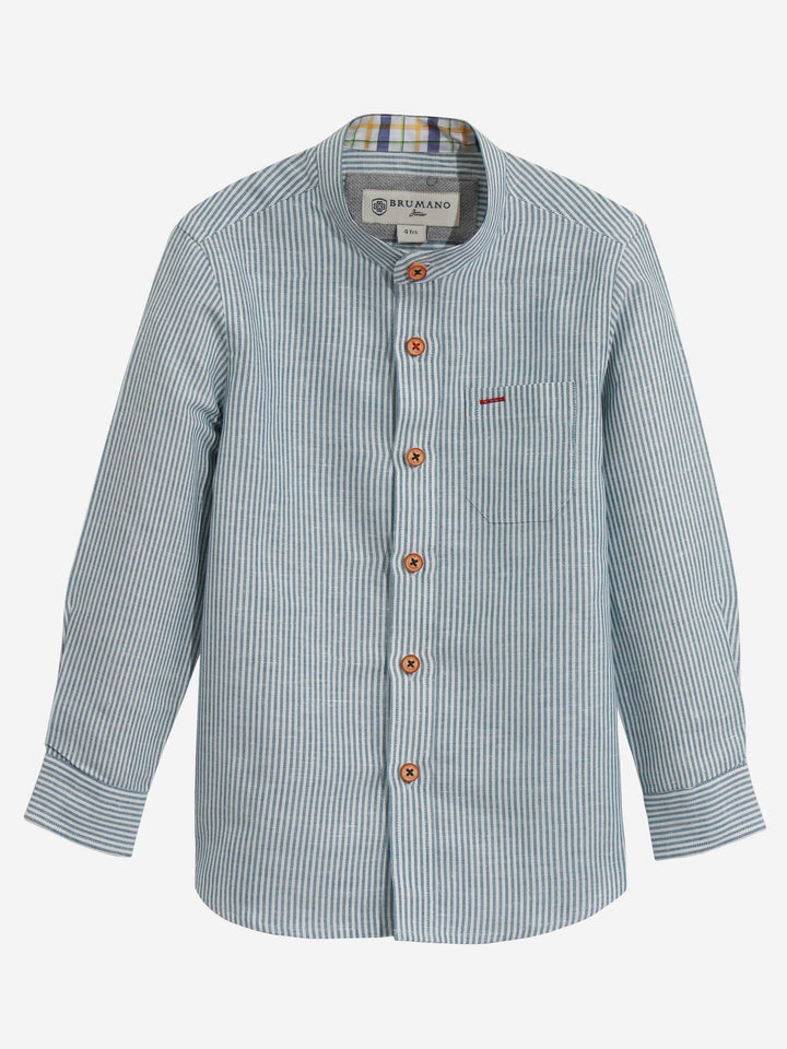 Turquoise Striped Mao Collar Casual Shirt-