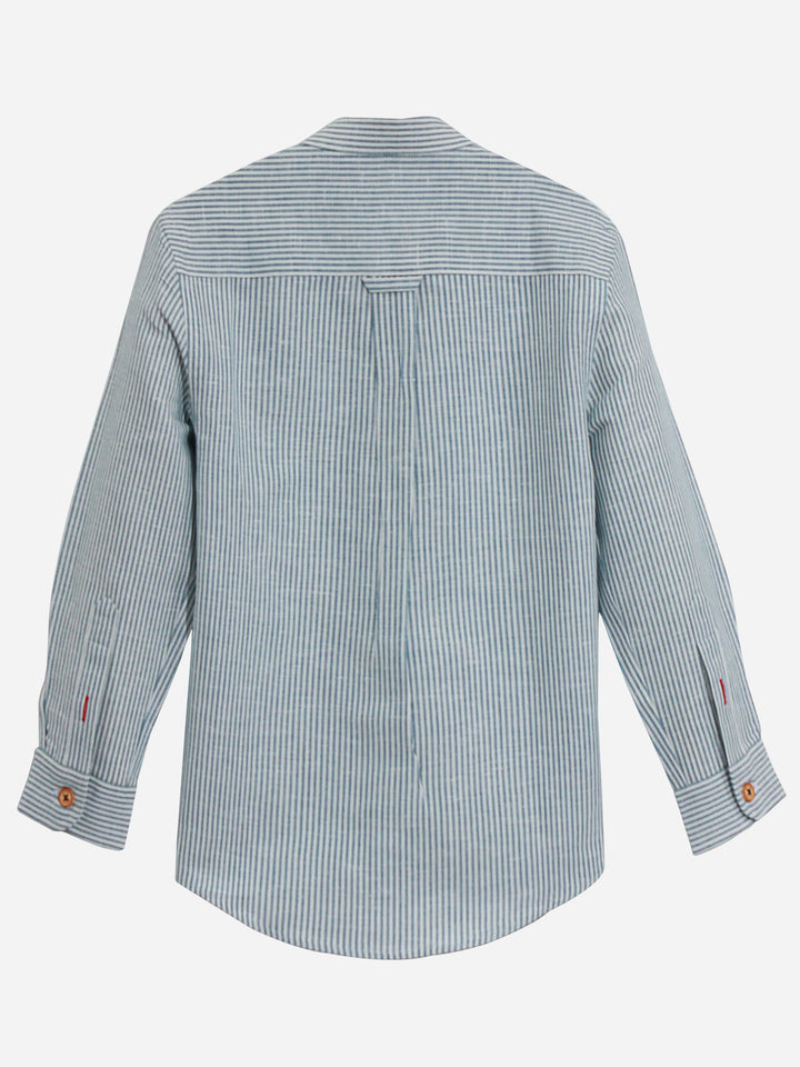 Turquoise Striped Mao Collar Casual Shirt-